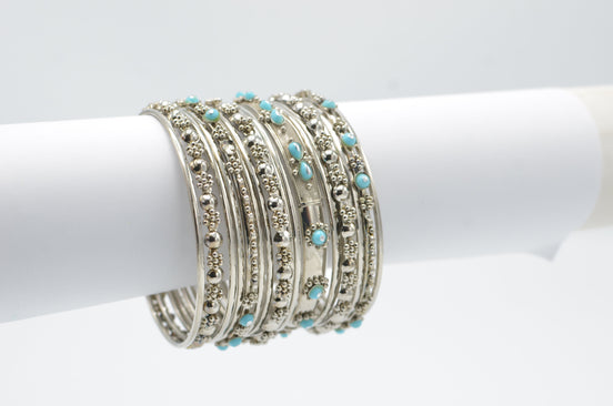 SILVER AND TURQUOISE 18 PCS BANGLE SET#KB00804_S-TURQ (KNA6)
