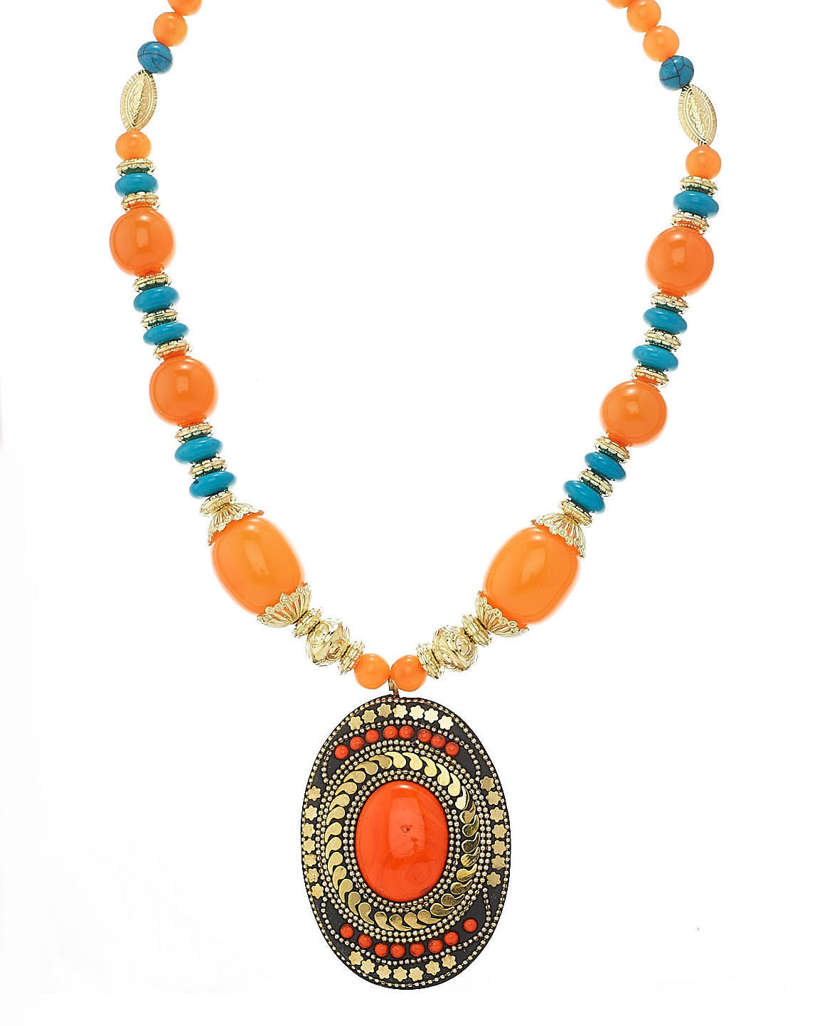 FWNK-1907-16 Gold amber turquoise Statement necklace (IF18)