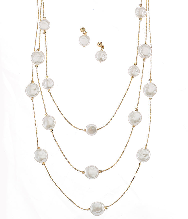 Gold Three row pearl necklace and earrings set #SQTDJ0004(NC12)