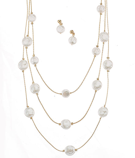 Gold Three row pearl necklace and earrings set #SQTDJ0004(NC12)