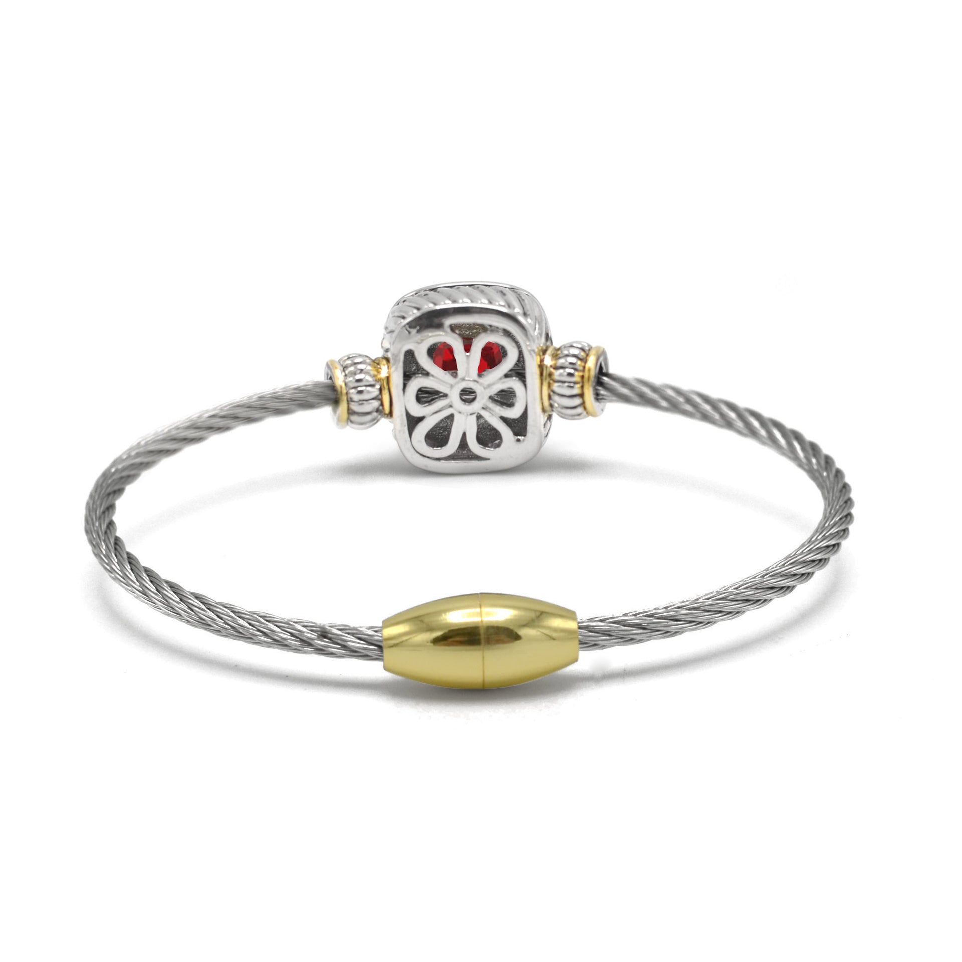Two-Tone Twisted Cable Bangle Bracelet with Faux Ruby Cushion#93099BR-Red (FF13)
