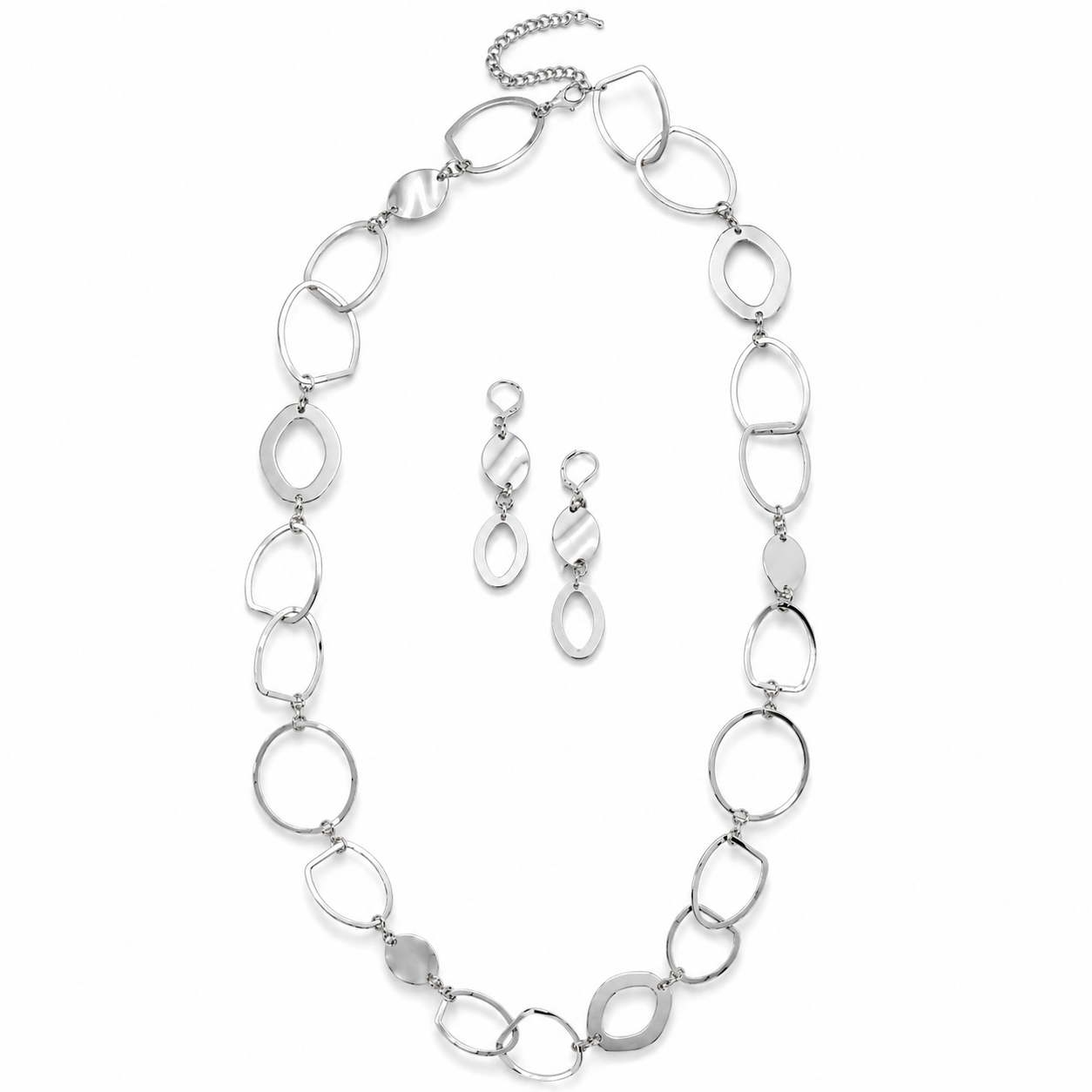Silver Geometric Link Necklace & Matching Earrings Set – 32