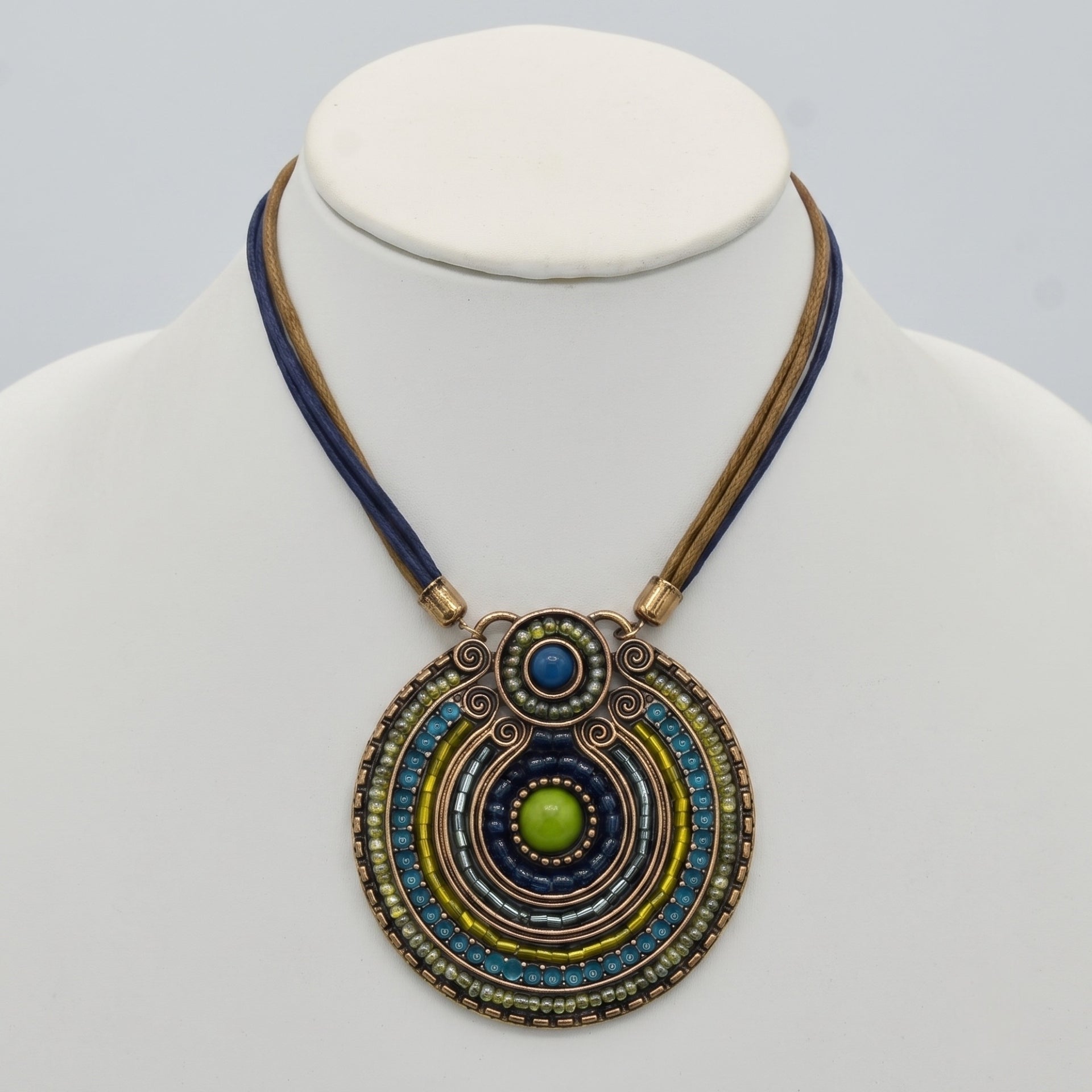 Women’s Multicolor Round Medallion Pendant Necklace, 19-Inch Double-Cord Boho Statement Necklace with 3-Inch Extender#SC25049GD(NC17/NB17)