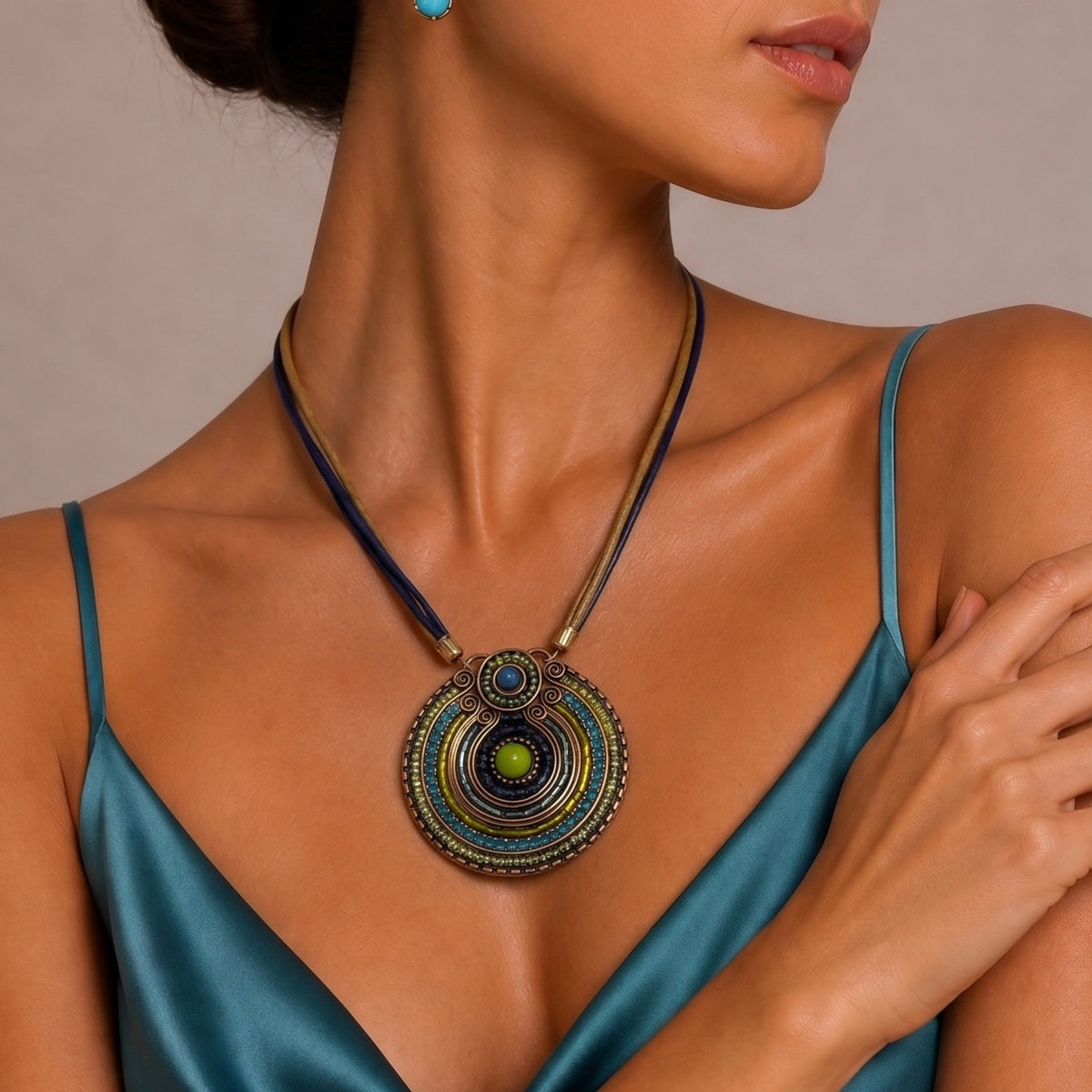 Women’s Multicolor Round Medallion Pendant Necklace, 19-Inch Double-Cord Boho Statement Necklace with 3-Inch Extender#SC25049GD(NC17/NB17)