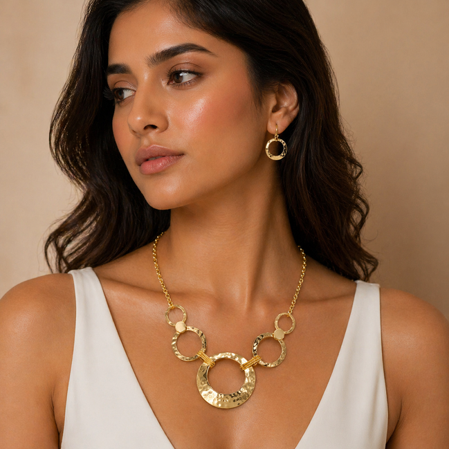 Gold Open Circle Hammered Link necklace And Earrings Set #SCE30061-1