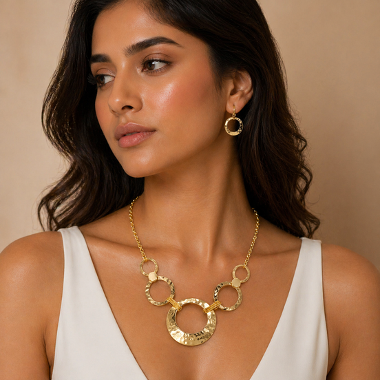 Gold Open Circle Hammered Link necklace And Earrings Set #SCE30061-1