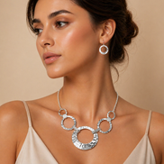 Gold Open Circle Hammered Link necklace And Earrings Set #SCE30061-1
