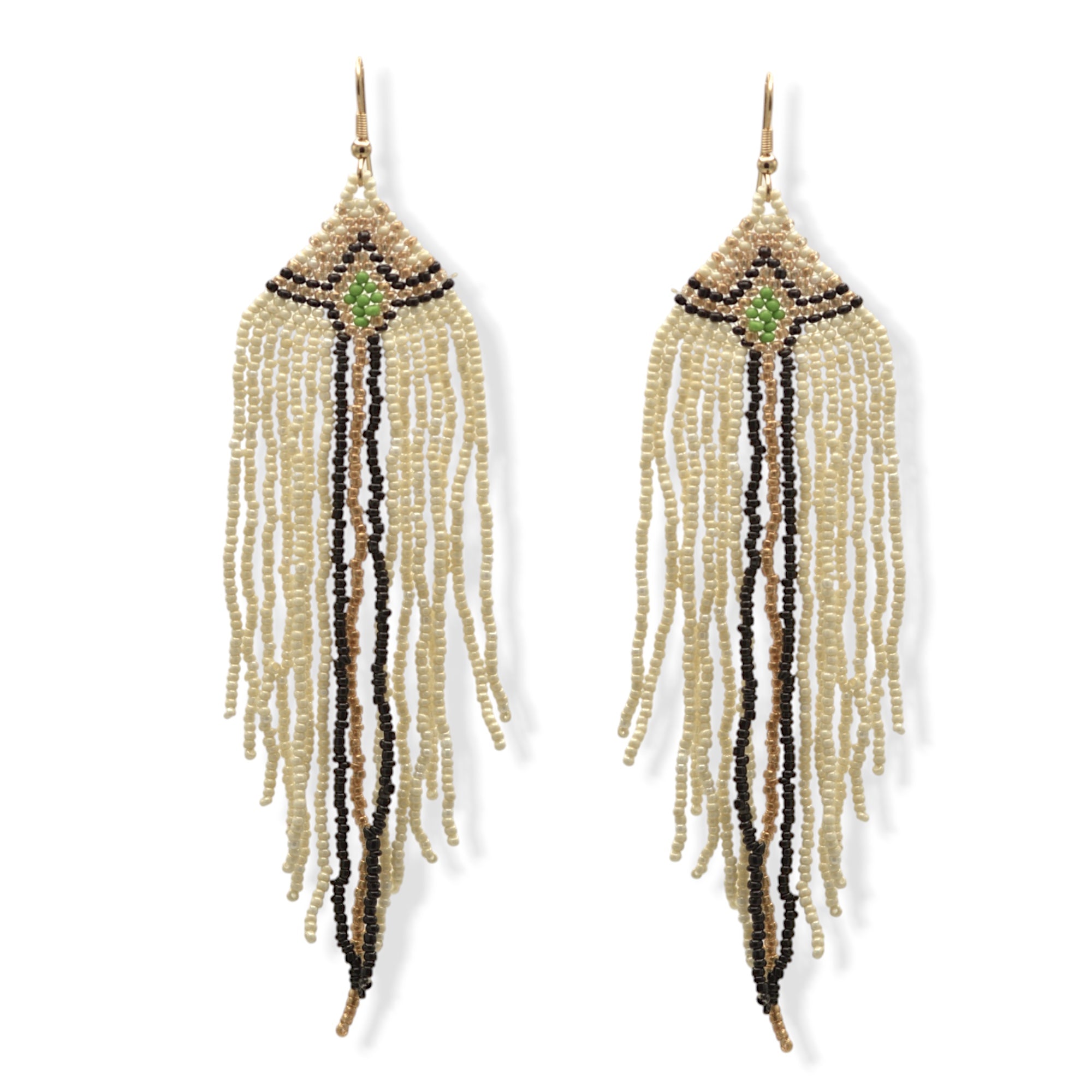 Ivory,Black, And Gold Bohemian Seed Bead Long Tassel Earrings #SH-ER-1195(OE25)