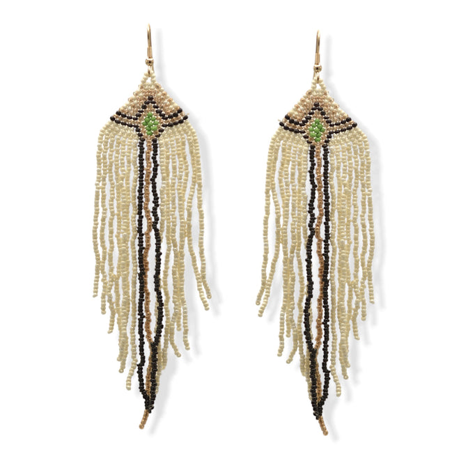 Ivory,Black, And Gold Bohemian Seed Bead Long Tassel Earrings #SH-ER-1195(OE25)