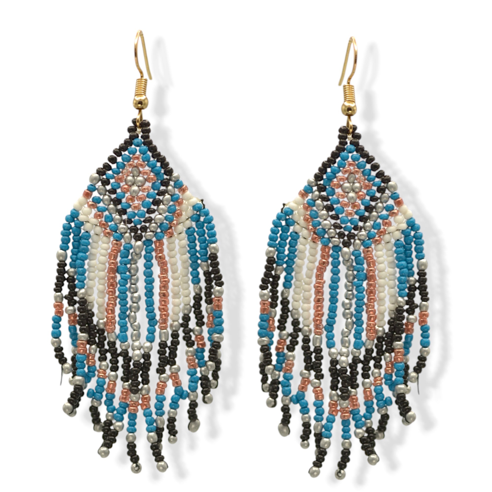 Blue, Black, White, and Champagne Bohemian Seed Bead Tassel Earrings #SH-ER-1210(RC15)