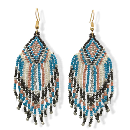 Blue, Black, White, and Champagne Bohemian Seed Bead Tassel Earrings #SH-ER-1210(RC15)