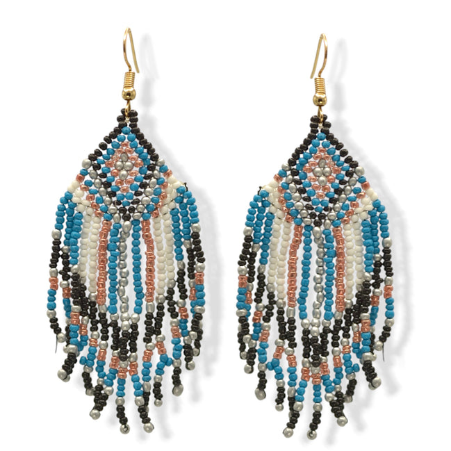 Blue, Black, White, and Champagne Bohemian Seed Bead Tassel Earrings #SH-ER-1210(RC15)