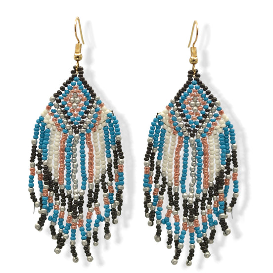 Blue, Black, White, and Champagne Bohemian Seed Bead Tassel Earrings #SH-ER-1210(RC15)
