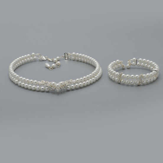 WHITE PEARL CRYSTAL CHOKER NECKLACE AND BRACELET SET #FW-SS22273NB05 (SHAB9)