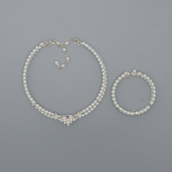 WHITE PEARL CRYSTAL CHOKER NECKLACE AND BRACELET SET #FW-SS22273NB05 (SHAB9)