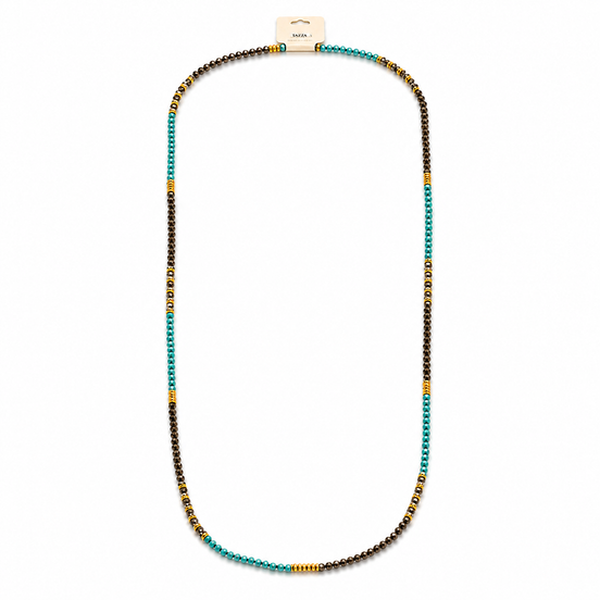 60" Long Multi-Tone Beaded Necklace – Turquoise & Smoky Crystal with Gold Accents# (RF7/SC11)