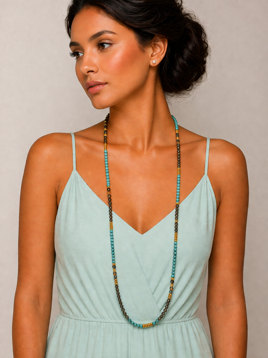 60" Long Multi-Tone Beaded Necklace – Turquoise & Smoky Crystal with Gold Accents# (RF7/SC11)