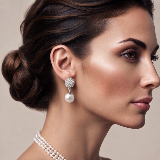 Silver And White Pearl Crystal Post Earrings#SQ321-1024-3565S (GD5/GC15)