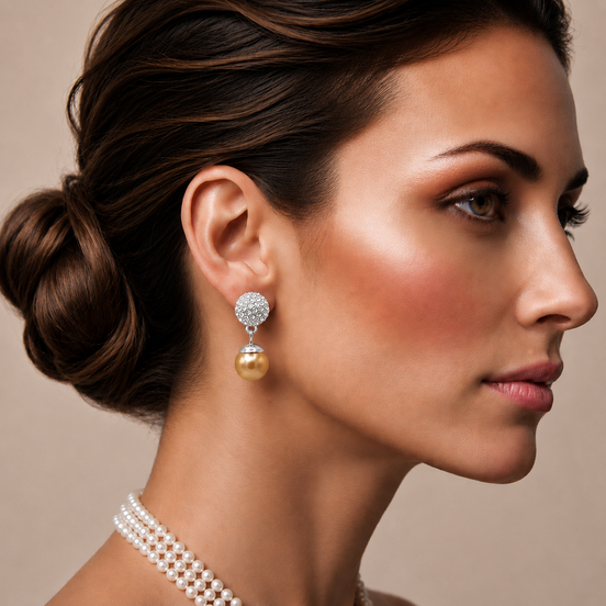 Silver Fire Ball Crystal And Champagine Pearl Drop Earrings # SQ321-10243565SCH(IC25)
