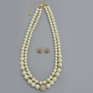 Cream Pearl And Gold Crystal Pave Ball Necklace And earrings Set #SQ321-1026-0296G