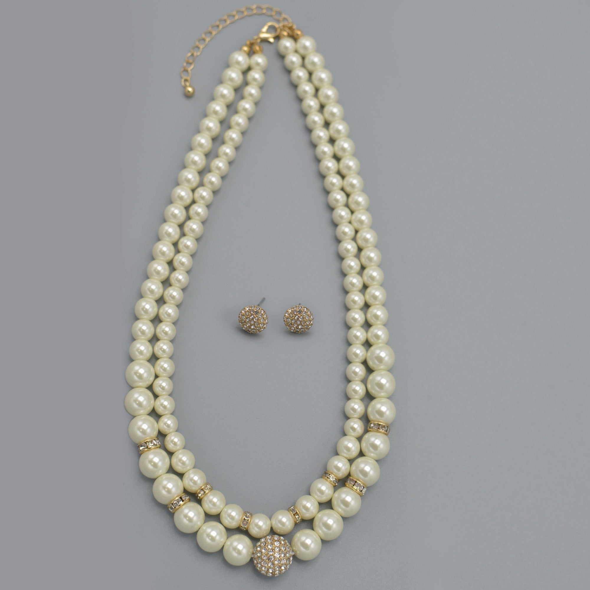 Cream Pearl And Gold Crystal Pave Ball Necklace And earrings Set #SQ321-1026-0296G