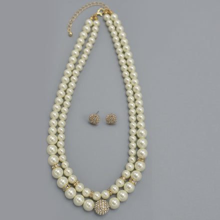 Cream Pearl And Gold Crystal Pave Ball Necklace And earrings Set #SQ321-1026-0296G
