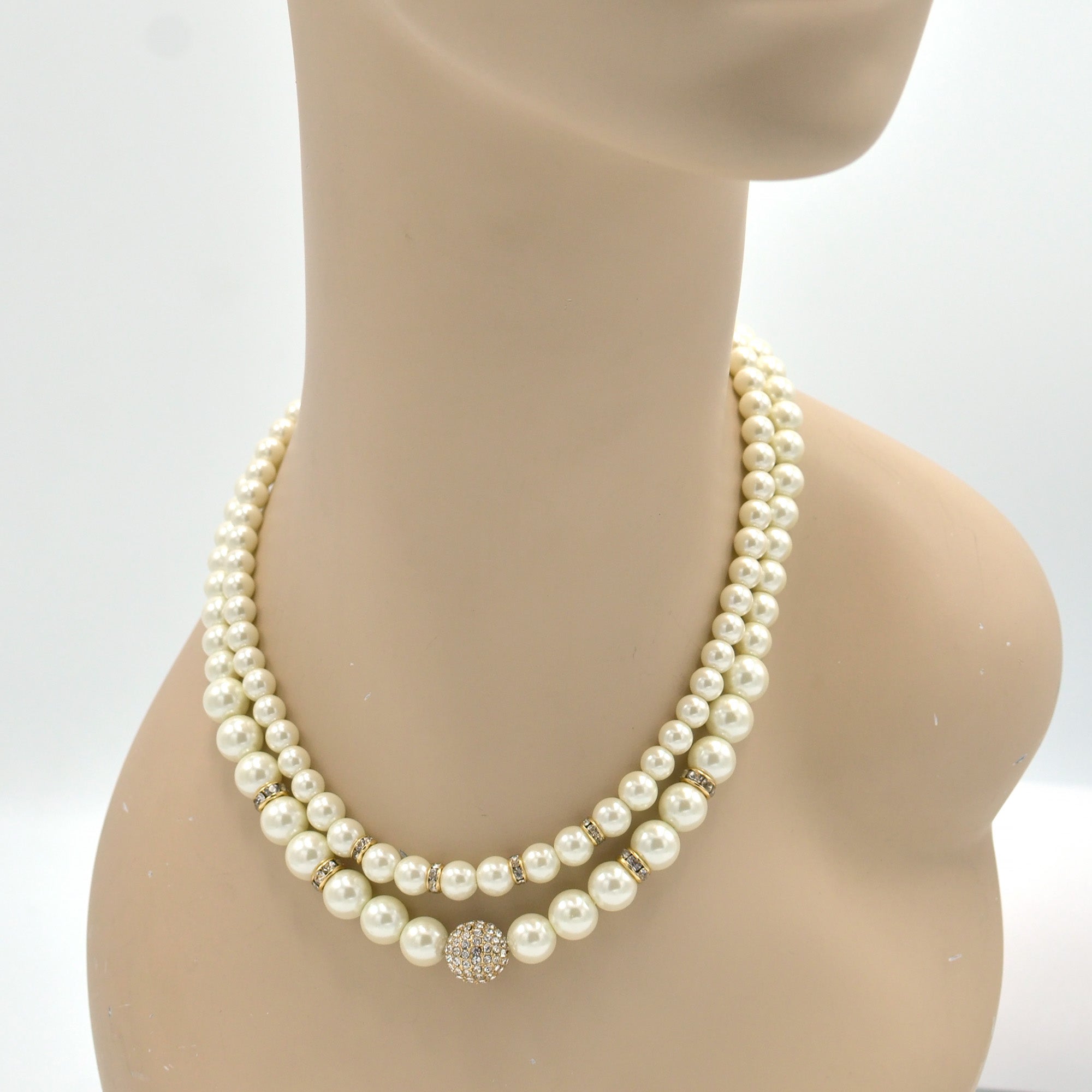 Cream Pearl And Gold Crystal Pave Ball Necklace And earrings Set #SQ321-1026-0296G