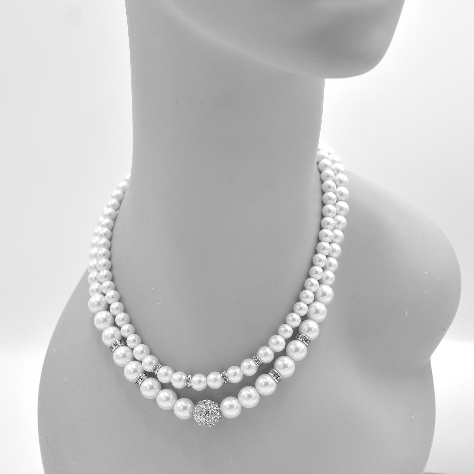 White Pearl And Silver Crystal Pave Ball Necklace And earrings Set #SQ321-1026-0296S (LA25/GF17)
