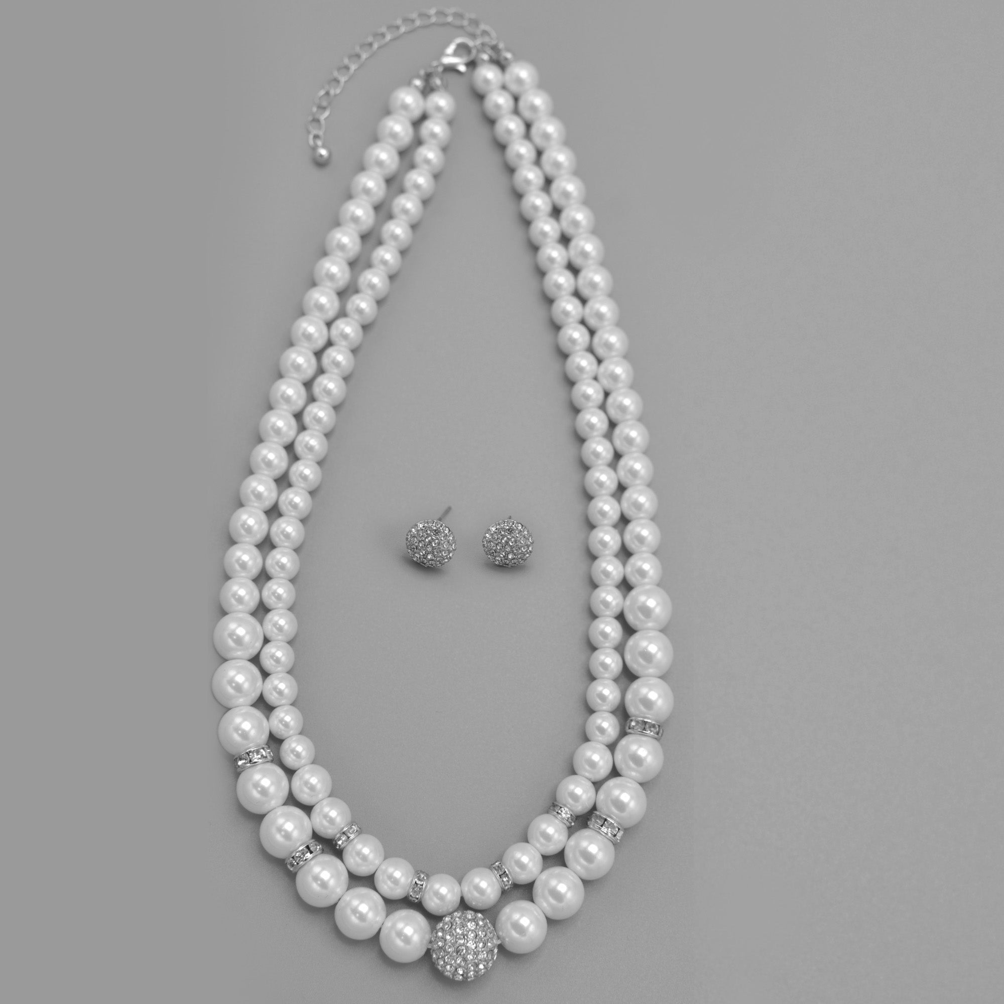 White Pearl And Silver Crystal Pave Ball Necklace And earrings Set #SQ321-1026-0296S (LA25/GF17)