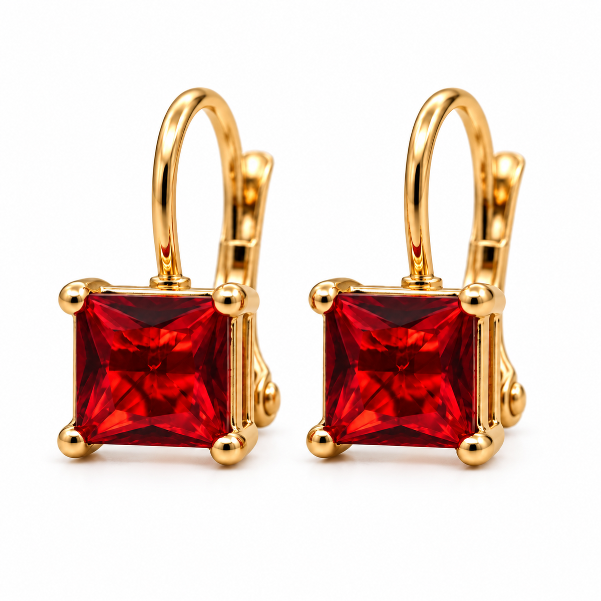 Gold Tone Red/Garnet Square  Leverback Earrings for Women – 0.8