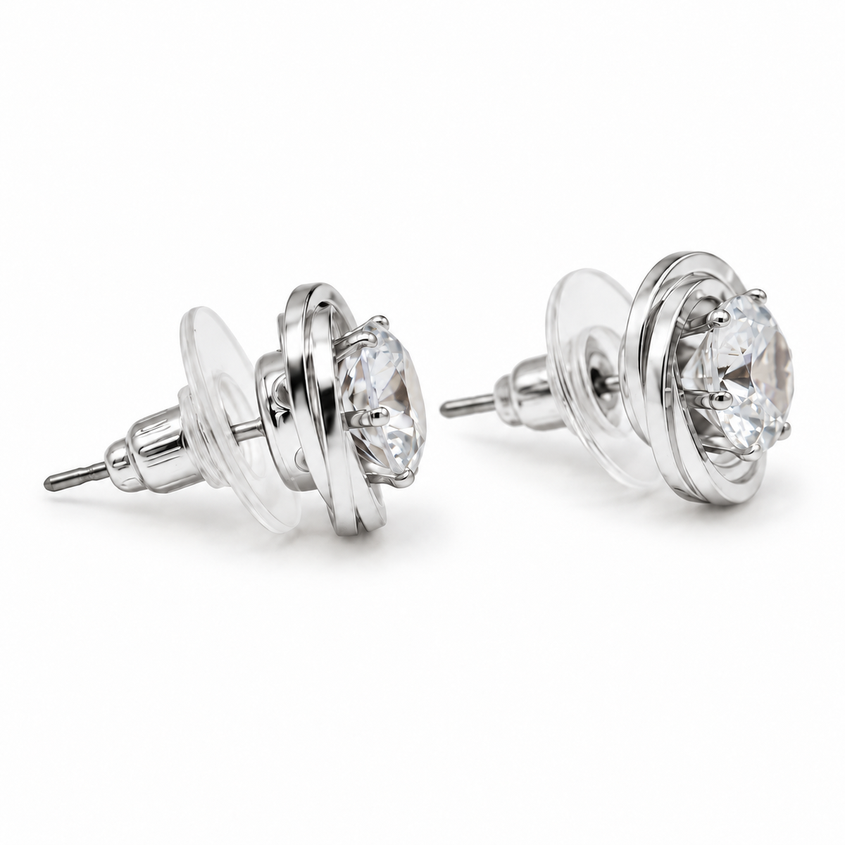 Tazza Women's Silver-Tone Round Solitaire Swirl Halo Stud Earrings, 0.4