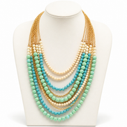 Multi-Strand Beaded Statement Necklace – Turquoise, Mint & Ivory with Gold Accents#SWHNN83068TR-IVR (AC17-AD18)