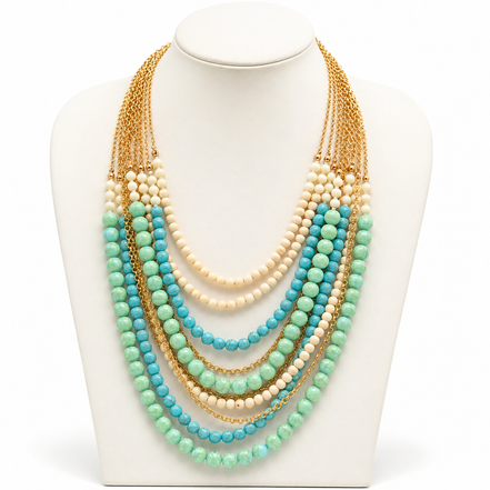 Multi-Strand Beaded Statement Necklace – Turquoise, Mint & Ivory with Gold Accents#SWHNN83068TR-IVR (AC17-AD18)