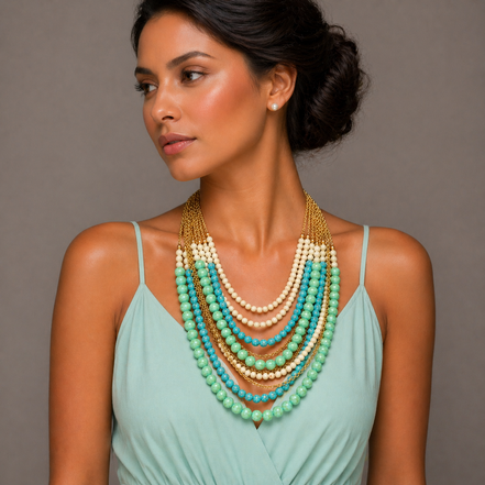 Multi-Strand Beaded Statement Necklace – Turquoise, Mint & Ivory with Gold Accents#SWHNN83068TR-IVR (AC17-AD18)