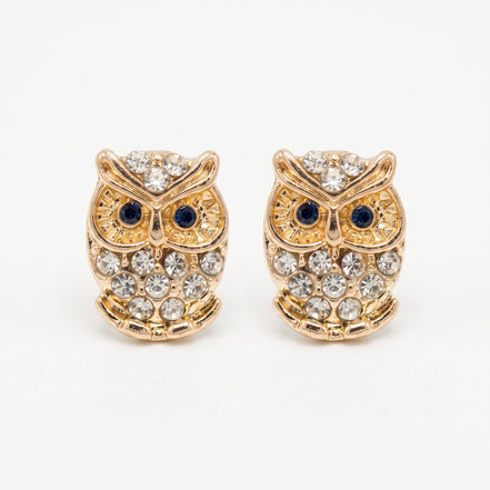 Tazza Women's Gold-Tone Crystal Owl Stud Earrings with Black Eyes, 0.5"#SWKK-3373GLD (GF14)