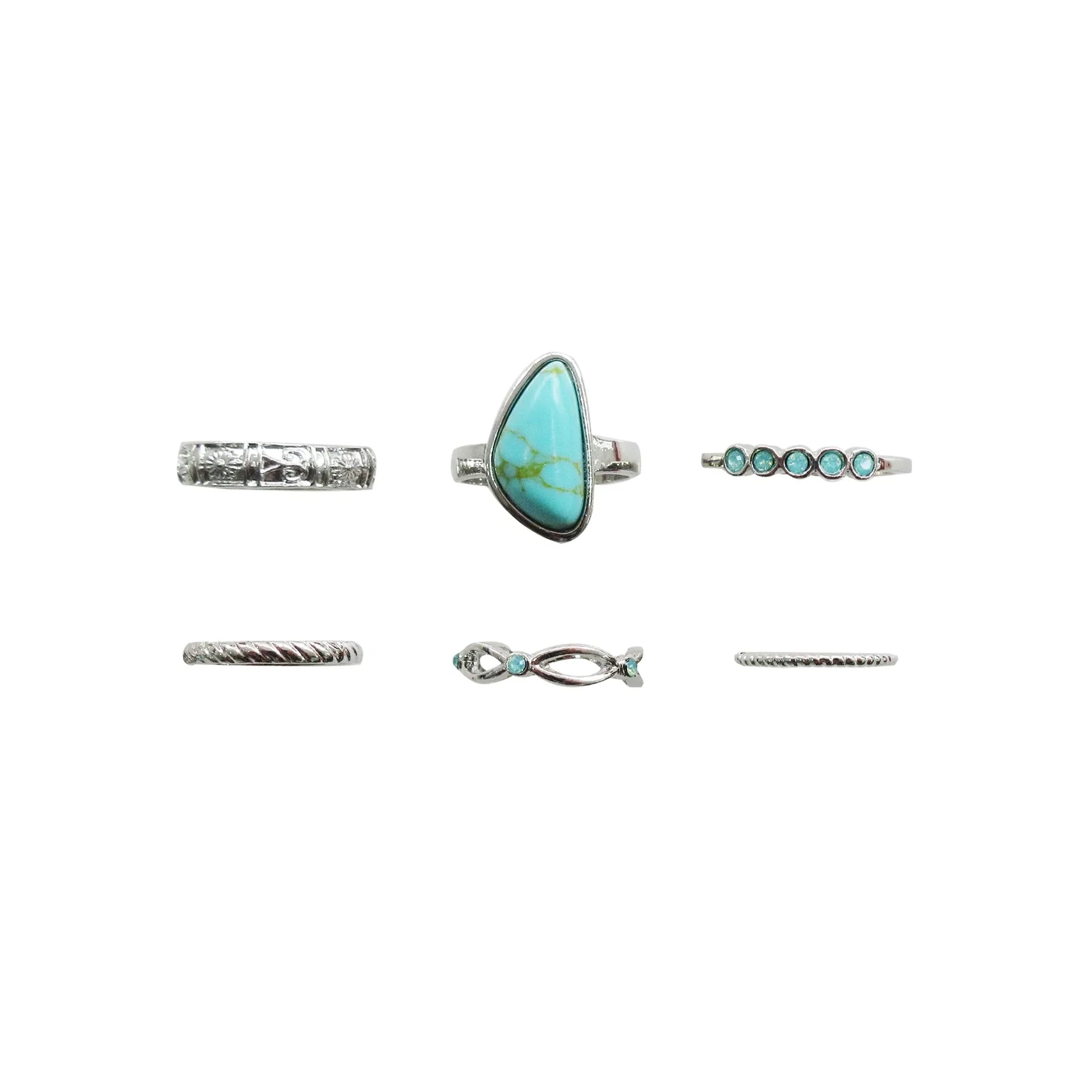 Silver and Turquoise 6Pc Large Stone And Bands Ring Set #GFR807(NA18)