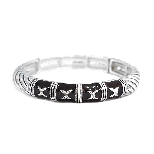 Black Enamel with Silver "X" Stretch Bracelet