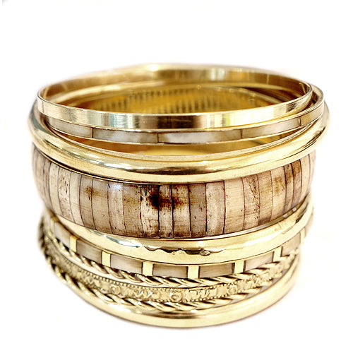 Gold-Tone Metal Brown Natural Bone With Mother of Pearl 10 Pcs Bangle Set