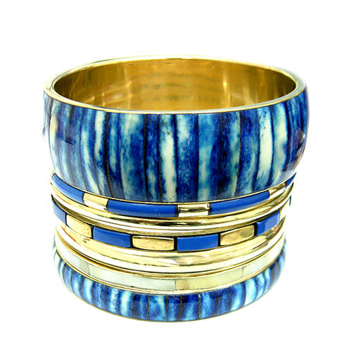 Gold-Tone Metal Blue Natural Bone With Mother of Pearl 7 Pcs Bangle Set
