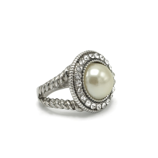 RHODIUM PEARL AND CRYSTAL RING#HNR90737#9