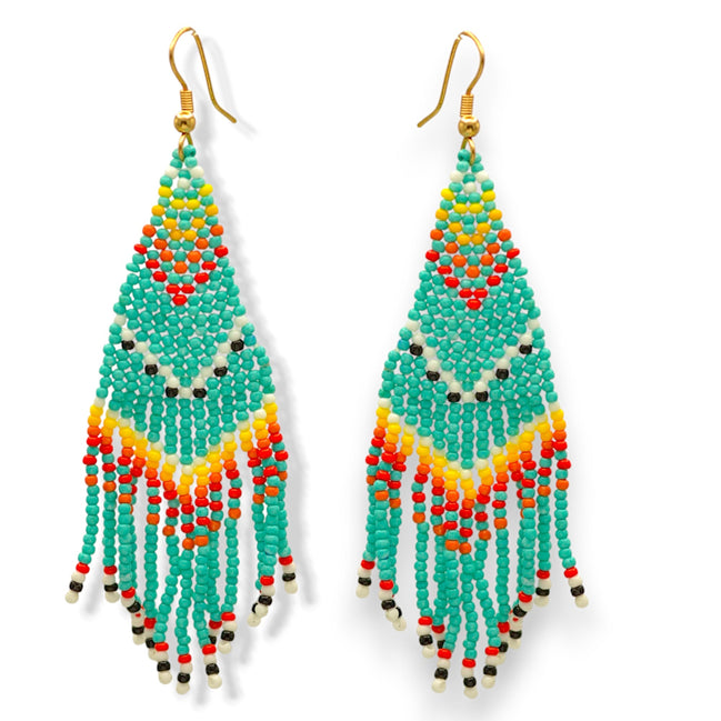 Turquoise and Multi-Color Bohemian Seed Bead Long Tassel Earrings#ER-1171(TE15)