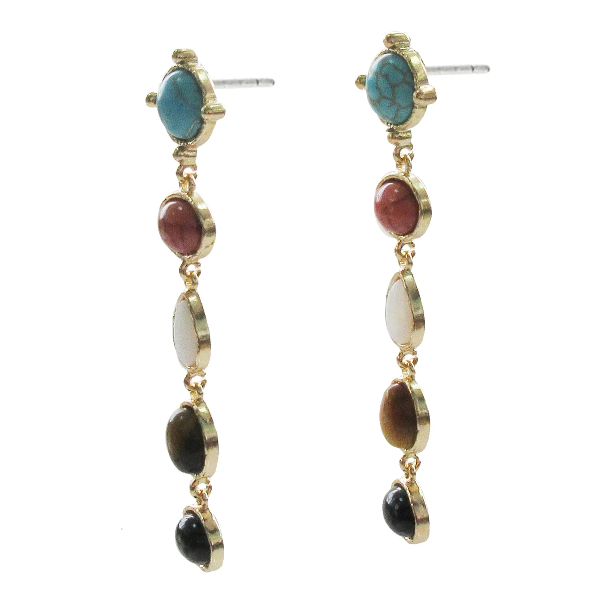 Gold Multi Turquoise, Tiger's Eye and Mother Of Pearl Drop Earrings #GFE5731-1