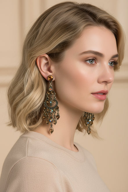 CHAMPAGNE BEJEWELED CHANDELIER EARRINGS  #HNE21664_G-TPZ (JB8/LH14)