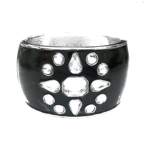 SILVER-BLACK CLEAR RHINESTONE SNOW FLOWER ENAMEL HINGED BRACELET  #HB2920_SIL-BLK (KG8)