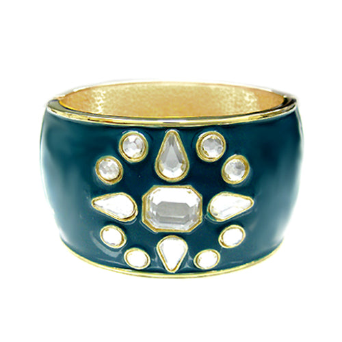 GOLD OLIVE TEAL SNOW FLOWER ENAMEL HINGED BRACELET  #HB2920_GLD-OLV (KG8)