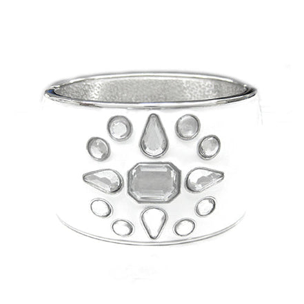 SILVER WHITE RHINESTONE SNOW FLOWER ENAMEL HINGED BRACELET  #HB2920_SIL-WHT