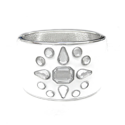 SILVER WHITE RHINESTONE SNOW FLOWER ENAMEL HINGED BRACELET  #HB2920_SIL-WHT