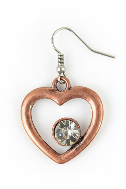 COPPER HEART AND CLEAR STONE EARRINGS  #HNE78095_3TONE (JD9)