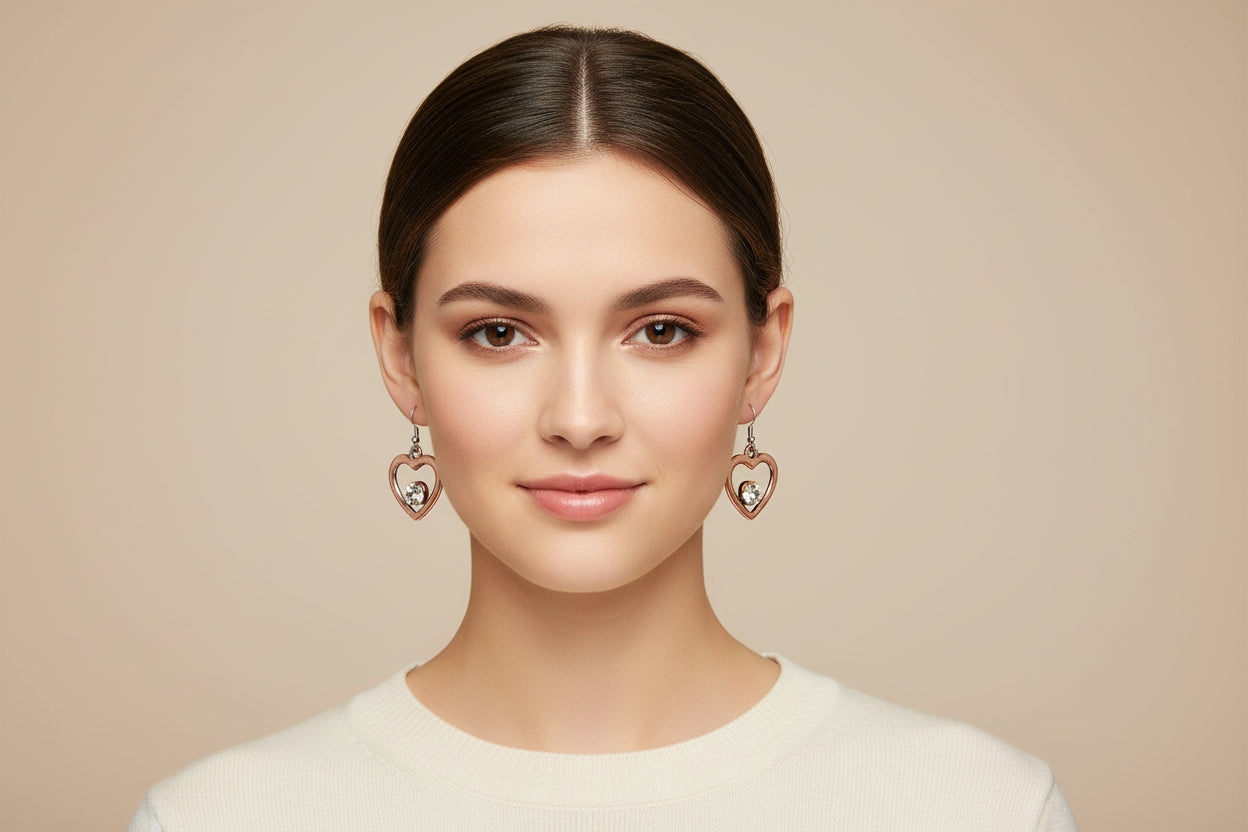 COPPER HEART AND CLEAR STONE EARRINGS  #HNE78095_3TONE (JD9)