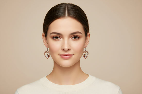 COPPER HEART AND CLEAR STONE EARRINGS  #HNE78095_3TONE (JD9)